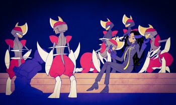 Rule 34 | 1boy, 1girl, 6+others, arm blade, arms behind back, bisharp, black coat, black gloves, black hair, black pants, black shoes, blazer, closed eyes, coat, commentary request, crossed legs, faceless, faceless male, facing another, formal clothes, geeta (pokemon), gen 5 pokemon, gloves, grey eyes, grey helmet, grey trim, hand on another's cheek, hand on another's chin, hand on another's face, hand on ground, hand on own hip, helmet, high contrast, highres, jacket, kneeling, leaning forward, long hair, looking at another, multiple others, nintendo, on one knee, pants, pokemon, pokemon (creature), pokemon sv, red helmet, red trim, restrained, shoes, shoulder pads, stairs, straight hair, suit, two-tone helmet, umi-be-to, vignetting, weapon, wide hips