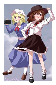 2girls :o aoi_1013ss asymmetrical_hair black_hat black_shoes black_skirt blonde_hair blue_dress blush border bow brown_eyes brown_hair brown_shoes buttons camcorder camera cloud commentary dress frilled_skirt frills full_body hair_bow hand_on_headwear hand_on_own_hip hat highres holding holding_camera leaning_forward loafers long_sleeves maribel_hearn mary_janes medium_hair mob_cap multiple_girls necktie open_mouth purple_eyes red_bow red_necktie shirt shirt_tucked_in shoes skirt socks standing star_(sky) tie_clip touhou twitter_username usami_renko video_camera waist_ribbon white_border white_hat white_shirt white_socks wingtip_collar