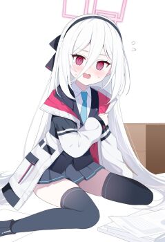 1girl @_@ black_boots black_hairband black_thighhighs black_vest blue_archive blue_necktie blush boots box cardboard_box collared_shirt commentary_request flying_sweatdrops grey_skirt hair_between_eyes hairband halo highres jacket kei_(blue_archive) kei_(new_body)_(blue_archive) kujou_danbo long_hair long_sleeves looking_at_viewer necktie off_shoulder open_clothes open_jacket open_mouth pleated_skirt puffy_long_sleeves puffy_sleeves red_eyes shirt sitting skirt sleeves_past_wrists solo sweat thighhighs thighhighs_under_boots very_long_hair vest wariza wavy_mouth white_hair white_jacket white_shirt