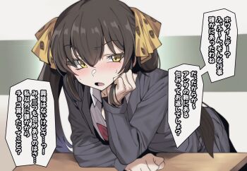 1girl animal_print black_hair blush cardigan commentary_request hair_ribbon head_rest highres idolmaster idolmaster_cinderella_girls kazuta1000 leaning_on_table leopard_print long_hair looking_at_viewer matoba_risa open_mouth ribbon ribbon_print school_uniform solo speech_bubble sweatdrop translation_request twintails yellow_eyes