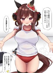 Rule 34 | 1girl, absurdres, alternate costume, animal ears, breasts, brown hair, burumna, crack, cracked floor, gentildonna (umamusume), gryebooks, hair rings, heavy breathing, highres, horse ears, horse tail, incoming hug, large breasts, looking at viewer, open mouth, outstretched arms, pov, simple background, solo, spread arms, sweat, tail, thighhighs, umamusume, white background
