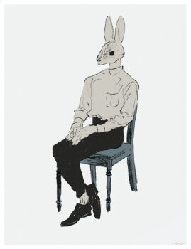 1boy black_eyes body_fur chair crossed_ankles full_body furry furry_male grey_background grey_fur male_focus nagabe original rabbit_boy shirt simple_background sitting solo