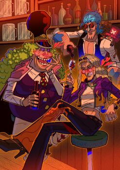 2boys 2girls absurdres artist_name black_vest blue_hair blush bottle cropped_jacket crossed_legs cup dr._kureha earrings eyeshadow eyewear_on_head franky_(one_piece) french_commentary glint green_hair hat heneryque high_heels highres holding holding_bottle holding_cup indoors jewelry kokoro_(one_piece) long_hair makeup multiple_boys multiple_girls necktie old old_woman on_shoulder one_piece purple_eyeshadow ring round_eyewear round_teeth sideburns smile sparkle teeth tony_tony_chopper vest