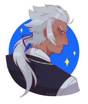 Rule 34 | 1boy, aquiline nose, black vest, blue ribbon, border, catovyen, classicaloid, commentary, cropped shoulders, dark-skinned male, dark skin, english commentary, facial hair, goatee stubble, grey eyes, grey hair, grey shirt, highres, johann sebastian bach (classicaloid), long hair, looking back, male focus, mature male, mustache stubble, nose, parted lips, ponytail, ribbon, shirt, solo, sparkle, stubble, v-shaped eyebrows, vest, white border