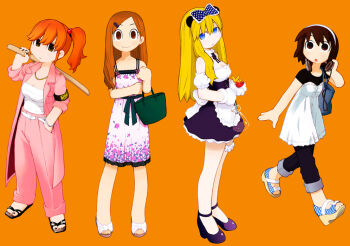 Rule 34 | 4girls, :o, animal ears, armband, bag, blonde hair, blue eyes, bokken, bow, brown eyes, brown hair, delinquent, fish, gloves, hair bow, headband, headphones, headphones around neck, hen zemi, high heels, katou anna, maid, makiko gregory, matsutaka nanako, mizukoshi miwako, multiple girls, orange background, orange hair, panda ears, ponytail, simple background, sleeves rolled up, sword, tagro, weapon, wooden sword