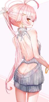 Rule 34 | 1girl, a1u, absurdres, ahoge, back, backless outfit, blue archive, butt crack, commentary, earrings, grey sweater, halo, highres, hoshino (blue archive), jewelry, long hair, looking at viewer, looking back, md5 mismatch, open mouth, orange eyes, pink hair, pink halo, ponytail, revision, ribbed sweater, solo, sweater, very long hair, virgin killer sweater
