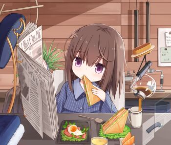 1girl blue_pajamas blue_shirt blush brown_hair chair coffee coffee_pot collared_shirt covered_mouth cup dress_shirt egg_(food) food fried_egg hair_between_eyes holding holding_food holographic_interface indoors long_hair long_sleeves mug newspaper on_chair original pajamas pouring purple_eyes sandwich shiho_(yuuhagi_(amaretto-no-natsu)) shirt sleeves_past_wrists slice_of_life solo spork striped_clothes striped_shirt table upper_body vertical-striped_clothes vertical-striped_shirt wide_sleeves yuuhagi_(amaretto-no-natsu)