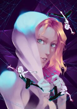 1girl black_bodysuit blonde_hair blue_eyes bodysuit commentary eyebrow_piercing face_piercing gwen_stacy hood hood_up hooded_bodysuit lips looking_at_viewer lydialing_draws marvel multicolored_bodysuit multiple_views nose parted_lips piercing realistic short_hair silk spider-gwen spider-man:_into_the_spider-verse spider-man_(series) spider-verse spider_web superhero_costume upper_body white_bodysuit