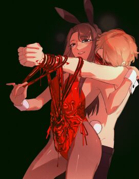 1boy 1girl animal_ear_hairband animal_ears blindfold bound bound_wrists brown_eyes brown_hair claire_(par0llel) contrapposto elliot_(par0llel) entangled exposed_gusset fake_animal_ears grin guro hairband hand_on_another&#039;s_shoulder highres hole_in_stomach intestines liver long_hair original outstretched_arm pantyhose par0llel playboy_bunny playing_with_organs rabbit_ear_hairband rabbit_ears rabbit_tail smile tail topless_male wrist_cuffs