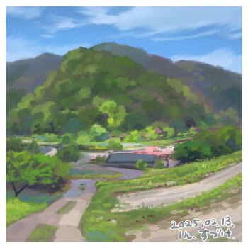 blue_sky border cloud commentary_request dated day grass mountain nature no_humans one-hour_drawing_challenge original outdoors scenery sky suzuke tree white_border