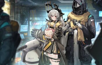 Rule 34 | 1girl, 1other, absurdres, ambiguous gender, arknights, black hairband, black jacket, black sleeves, blurry, blurry foreground, brown coat, cake, coat, detached sleeves, doctor (arknights), dress, food, gloves, grey hair, hairband, highres, hood, hood up, hooded jacket, indoors, jacket, laoshi wo hao e, long hair, long sleeves, mask, mechanical arms, open clothes, open coat, red eyes, scarf, seahorse hair ornament, see-through clothes, shared clothes, shared scarf, single mechanical arm, sweatdrop, weedy (arknights), white gloves, yellow scarf