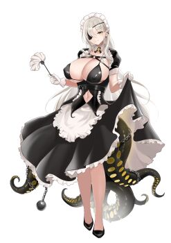 1girl absurdres apron black_dress black_shoes breasts chain covered_erect_nipples detached_collar dress eyepatch frilled_apron frilled_dress frills grey_hair highres huge_breasts long_hair maid maid_headdress original oxygen_mask_(oxygenmask233) shoes simple_background solo tentacles very_long_hair white_apron white_background
