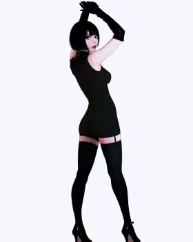 Rule 34 | 1girl, arms up, black dress, black eyes, black gloves, black hair, black thighhighs, bob cut, breasts, dress, elbow gloves, garter straps, gloves, high heels, highres, ilya kuvshinov, lips, medium breasts, original, parted lips, short hair, solo, thighhighs, white background
