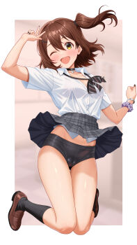 1girl :d absurdres arm_up bike_shorts bike_shorts_under_skirt black_nails black_socks blush border bow bowtie bra_visible_through_clothes bracelet breasts brown_hair brown_shoes cameltoe choker cleavage clothes_lift collared_shirt concept_gyarus_(idolmaster) fingernails full_body grey_skirt hair_between_eyes hair_ornament hairclip heart heart_choker highres idolmaster idolmaster_million_live! idolmaster_million_live!_theater_days jewelry jumping kasuga_mirai loafers looking_at_viewer loose_bowtie nail_polish official_alternate_costume one_eye_closed one_side_up open_collar open_mouth outside_border pleated_skirt scrunchie shirt shoes short_hair short_sleeves skirt skirt_lift smile socks solo striped_bow striped_bowtie striped_clothes toritori_miri white_border white_shirt wrist_scrunchie yellow_eyes