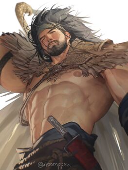 Rule 34 | 1boy, abs, absurdres, bara, beard, bicep strap, black hair, brown headband, chest tattoo, closed mouth, commentary, dragon tattoo, english commentary, facial hair, from below, headband, highres, knife, looking ahead, male focus, muscular, muscular male, nipples, noomppan, pectorals, river master (where winds meet), sheath, sheathed, tattoo, topless male, twitter username, where winds meet, white background