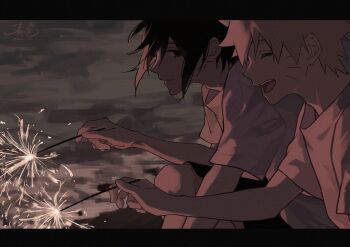 2boys black_border black_hair black_shorts blonde_hair border closed_eyes facial_mark fireworks hair_between_eyes haruiro_(hrm_ino) highres holding holding_fireworks looking_at_another male_focus multiple_boys naruto_(classic) naruto_(series) open_mouth shirt short_hair shorts signature smile sparkler spiked_hair twitter_username uchiha_sasuke upper_body uzumaki_naruto whisker_markings white_shirt