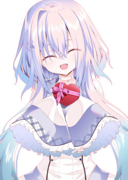 Rule 34 | 1girl, 9-nine-, :d, ^ ^, blue hair, box, buttons, choker, closed eyes, commentary request, crossed bangs, diamond hair ornament, double-breasted, dress, eyelashes, eyes visible through hair, facing viewer, frilled sleeves, frills, gift, gradient hair, grey hair, hair between eyes, hakusen academy school uniform, hands up, happy, heart-shaped box, highres, holding, holding gift, kisaragi yuna (9-nine-), long hair, multicolored hair, open mouth, school uniform, sidelocks, single hair intake, sleeves past fingers, sleeves past wrists, smile, solo, sukonbu385, upper body, very long hair, watermark, white choker, white dress, wide sleeves