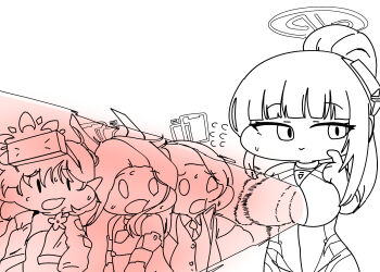 4girls absurdres aris_(armed)_(blue_archive) aris_(blue_archive) blue_archive breasts check_commentary chibi cleavage_cutout clothing_cutout commentary_request floating_hair halo highres himari_(blue_archive) himari_(bodysuit)_(blue_archive) kei_(blue_archive) kei_(new_body)_(blue_archive) large_breasts light_rays long_hair motion_lines multiple_girls necktie official_alternate_costume open_mouth pointy_ears rectangular_halo rio_(blue_archive) rio_(bodysuit)_(blue_archive) sechi_(sechihyeo)_(style) smile spot_color sweatdrop treemaan