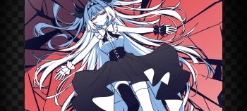 1girl asymmetrical_legwear black_skirt black_thighhighs breasts broken_glass commentary corset english_commentary glass highres lilith_(the_noexistencen_of_you_and_me) looking_at_viewer lying medium_breasts mismatched_legwear non-web_source on_back parted_lips red_background red_eyes shirt skirt solo the_noexistencen_of_you_and_me thighhighs thighs white_hair white_shirt white_thighhighs