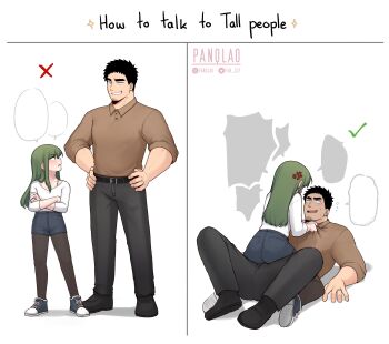 1boy 1girl absurdres anger_vein assertive_female belt black_hair blush bra_strap collared_shirt facial_hair girl_on_top goatee green_eyes green_hair height_difference highres how_to_talk_to_short_people_(meme) husband_and_wife igarashi_futaba medium_hair meme panqlao pants pantyhose senpai_ga_uzai_kouhai_no_hanashi shirt short_hair shorts size_difference straddling stubble takeda_harumi tall thick_eyebrows