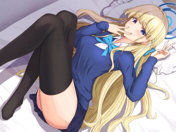 Rule 34 | 1girl, are you 333, bed, blonde hair, blue archive, blue bow, blue bowtie, blue eyes, blue hair, blue halo, blue skirt, blue sweater, blush, bow, bowtie, breasts, commentary request, double v, earrings, halo, hands up, highres, jewelry, legs up, long hair, looking at viewer, lying, medium breasts, miniskirt, multicolored hair, on back, shirt, skirt, smile, solo, streaked hair, sweater, thighhighs, thighs, toki (blue archive), toki (school uniform) (blue archive), two-tone hair, v, v over mouth, very long hair, white shirt