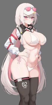 1girl absurdres belt bikini black_shrug black_survival black_thighhighs blue_star_(pixiv23073844) blush breasts cleavage closed_mouth collarbone commentary_request eternal_return:_black_survival eyewear_on_head gradient_hair grey_background groin hair_between_eyes hands_on_own_hips hat highleg highleg_bikini highres korean_commentary large_breasts long_hair long_sleeves looking_at_viewer marlene_(black_survival) multicolored_hair multicolored_shrug navel number_print official_alternate_costume pink-tinted_eyewear pink_eyes pink_hair power_symbol shrug_(clothing) side-tie_bikini_bottom sideboob sidelocks solo standing stomach string_bikini swimsuit thigh_belt thigh_strap thighhighs thighs tinted_eyewear two-tone_shrug underboob very_long_hair visor_cap white_bikini white_hat