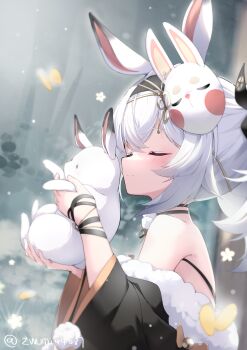 1girl absurdres animal animal_ears artist_name azur_lane backlighting black_bow black_choker black_kimono blush bow bracelet bug butterfly chinese_commentary choker closed_eyes closed_mouth commentary_request crossed_bangs fake_animal_ears flower from_side fur-trimmed_kimono fur_trim grass hair_bow hands_up highres holding holding_animal insect japanese_clothes jewelry kimono laffey_(azur_lane) laffey_ii_(azur_lane) laffey_ii_(lady_laffey's_languid_tour)_(azur_lane) leaf leaf_print lens_flare long_hair looking_at_viewer looking_to_the_side mask mask_on_head official_alternate_costume plant pom_pom_(clothes) rabbit rabbit_ears rabbit_mask rabbit_ornament red_eyes smile solo twintails very_long_hair white_hair white_rabbit_(animal) wide_sleeves z-wumi