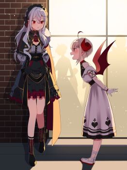 2girls against_wall ahoge ankle_lace-up arms_behind_back ascot backlighting bare_shoulders belt black_boots black_capelet black_flower black_hairband black_rose black_skirt blush boots bracelet breasts brick_wall capelet cleavage collar colored_tips cross cross_print curled_horns demon_girl demon_horns demon_wings dress dress_flower dyed_ahoge ear_piercing flower frilled_capelet frilled_dress frilled_skirt frills from_side full_body fur_trim gem genderswap genderswap_(mtf) glass_wall gloves gold_trim grey_hair grey_shirt hair_between_eyes hairband heart heart_print highres horns jewelry lace-up_boots large_breasts layered_skirt leaning_forward lolita_hairband long_dress long_hair long_sleeves looking_at_another makaino_ririmu makaino_ririmu_(1st_costume) mole mole_under_eye multicolored_hair multiple_girls nana72710193 nijisanji no_socks off-shoulder_dress off_shoulder open_mouth parted_lips people piercing pointy_ears purple_gemstone red_ascot red_collar red_eyes red_horns red_shoes red_streaks red_wings rose sanya_(1st_costume)_(kuzuha) sanya_(kuzuha) shirt shirt_under_dress shoes short_hair sidelocks skirt smile standing streaked_hair undershirt virtual_youtuber wavy_hair white_dress white_gloves white_hair white_shoes wings