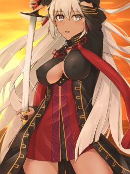 Rule 34 | 1girl, absurdres, arm guards, black bow, black coat, black dress, bow, breasts, cleavage, cleavage cutout, clothing cutout, coat, commentary request, covered erect nipples, dark-skinned female, dark skin, dress, elfenlied22, fate/grand order, fate (series), gradient sky, grey eyes, hair bow, half updo, highres, katana, large breasts, long hair, long sleeves, looking at viewer, okita souji (fate), okita souji alter (fate), okita souji alter (second ascension) (fate), open clothes, open coat, open mouth, orange sky, red dress, sheath, sky, solo, sword, tassel, thighs, twilight, two-tone dress, very long hair, weapon, white hair