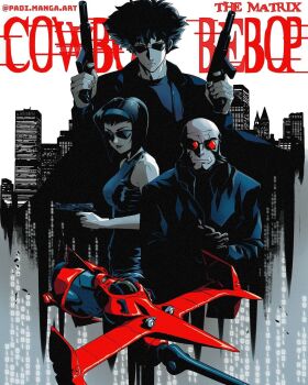 Rule 34 | 1girl, 2boys, building, cosplay, cowboy bebop, faye valentine, highres, jet black, matrix, morpheus (matrix) (cosplay), multiple boys, neo (matrix) (cosplay), spaceship, spike spiegel, sunglasses, swordfish ii, tagme, the matrix, trinity (cosplay), weapon