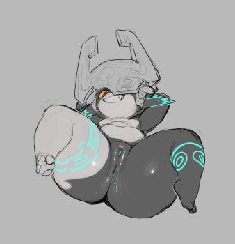 1girl 2025 arm_tattoo arms_up ass barefoot black_skin blue_skin breasts colored_sclera colored_skin commentary covered_eyes english_commentary fang fang_out feet floating foreshortening from_below full_body grin helmet helmet_over_eyes highres huge_ass leg_tattoo legs_up long_hair lying midna monochrome multicolored_skin navel nintendo nude okdudelisten on_back orange_hair ponytail presenting pussy pussy_juice red_eyes seductive_smile shortstack small_breasts smile soles tattoo the_legend_of_zelda the_legend_of_zelda:_twilight_princess thick_thighs thighs toes two-tone_skin wide_hips yellow_sclera