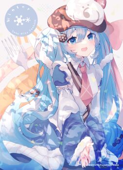 1girl absurdres apron aqua_eyes aqua_hair blue_bow blue_dress blue_sleeves blue_thighhighs blush boots bow bowtie bright_pupils brown_hat collared_dress commentary_request detached_sleeves dress dress_bow food food-themed_clothes food-themed_hat_ornament fork frilled_apron frills fur-trimmed_sleeves fur_trim fuyuzuki_gato hair_between_eyes hair_ornament hat hat_ornament hatsune_miku heart highres long_hair long_sleeves medium_dress musical_note-themed_food necktie official_alternate_costume official_alternate_hairstyle open_mouth pink_bow pink_bowtie pink_necktie puffy_short_sleeves puffy_sleeves short_sleeves sleeve_bow snowflake_print snowflakes thighhighs twintails two-tone_sleeves very_long_hair vocaloid wavy_hair white_apron white_bow white_sleeves wide_sleeves yuki_miku yuki_miku_(2026)