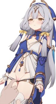 Rule 34 | 1girl, bare shoulders, black shorts, blue dress, clothes pull, commentary request, cowboy shot, dress, grey hair, highres, honkai (series), honkai impact 3rd, korean commentary, long hair, long sleeves, parted lips, pulling own clothes, pussy, serapeum (honkai impact), shorts, shorts pull, simple background, solo focus, tama (tamatamo), two-tone dress, uncensored, veil, white background, white dress, yellow eyes