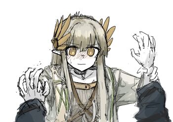 1girl arknights blush brown_eyes brown_hair collarbone doctor_(arknights) flustered gloves grape_(grayp) grey_hair holding_another&#039;s_wrist holding_hands interlocked_fingers laurel_crown laurels long_hair long_sleeves muelsyse_(arknights) nose_blush pointy_ears pov sidelocks solo_focus sweatdrop upper_body white_background white_gloves