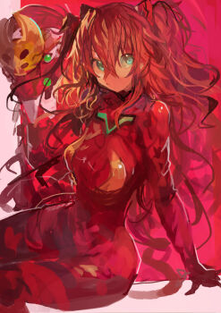 Rule 34 | 1girl, absurdres, blue eyes, bodysuit, breasts, brown hair, closed mouth, commentary, eva 02, evangelion (mecha), hair between eyes, highres, interface headset (evangelion), kaamin (mariarose753), long hair, looking at viewer, mecha, mecha pilot suit, medium breasts, neon genesis evangelion, plugsuit (evangelion), rebuild of evangelion, red bodysuit, robot, simple background, sitting, souryuu asuka langley, two side up, wide hips