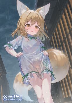 1girl absurdres animal_ears breasts brown_eyes brown_hair cloneko_(zelmeledf2) commission fox_ears fox_girl fox_tail frilled_romper frills highres kudamaki_tsukasa medium_hair open_mouth outdoors pee pee_stain peeing peeing_self rain romper skeb_commission small_breasts solo stained_clothes tail touhou variant_set wet wet_clothes white_romper