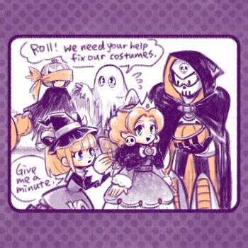 2girls 3boys blue_eyes blunt_bangs english_text flying_sweatdrops ghost_costume green_eyes halloween_costume highres kalinka_cossack_(mega_man) laser-lance mega_man_(character) mega_man_(classic) mega_man_(series) multiple_boys multiple_girls open_mouth proto_man roll_(mega_man) skull_man smile speech_bubble