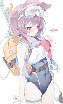 absurdres animal_ear_fluff animal_ears armpit_crease belt blue_one-piece_swimsuit blue_sailor_collar blush commentary covered_navel cowboy_shot goggles goggles_on_head highres karin_(stella_sora) meunhongcha one-piece_swimsuit oxygen_tank purple_hair rabbit_ears rabbit_girl rabbit_tail red_eyes sailor_collar shirt short_hair_with_long_locks simple_background sleeveless sleeveless_shirt spoken_sweatdrop stella_sora sweatdrop swim_goggles swimsuit symbol-only_commentary tail thigh_strap white_background