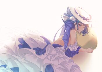 1girl absurdres arm_strap azur_lane backless_dress backless_outfit bare_shoulders bareback blue_bow blue_eyes blue_hair bow cheshire_(azur_lane) cheshire_(the_cat_and_the_white_steed)_(azur_lane) dress evening_gown frilled_dress frills from_above hair_bow hat highres layered_dress long_hair looking_at_viewer lying manjuu_(azur_lane) multicolored_hair natsuki_(tyuiojl) official_alternate_costume on_side purple_hair simple_background sleeveless sleeveless_dress solo streaked_hair sun_hat two-tone_hair white_background white_dress white_hat