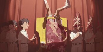 6+boys absurdres belt black_hair blood breast_pocket chinese_commentary collared_shirt commentary_request curtains glasses guro hand_on_another's_shoulder highres horror_(theme) mayozom multiple_boys open_mouth original pocket queue school_uniform shirt shirt_tucked_in short_hair shorts sweatdrop teeth thumbs_up what white_shirt