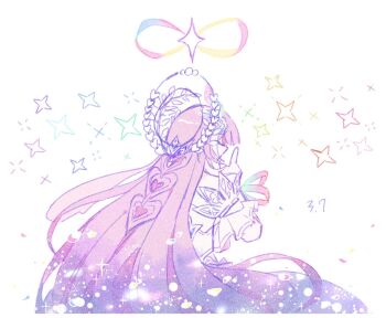 1girl amphoreus_(honkai:_star_rail) aqzy_l8r bare_shoulders closed_eyes cyrene_(honkai:_star_rail) cyrene_(ripples_of_past_reverie)_(honkai:_star_rail) dress flower gradient_hair honkai:_star_rail honkai_(series) infinity_symbol long_hair multicolored_hair pink_hair simple_background solo sparkle star_(symbol) very_long_hair white_background white_dress