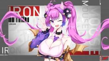 1girl absurdres ahoge bare_shoulders breasts cleavage collar demon_girl demon_horns demon_wings golden_wings hair_ornament heart heart_ahoge heart_hair_ornament highres horns indie_virtual_youtuber ironmouse large_breasts one_eye_closed pink_hair purple_eyes skull_hair_ornament twintails uhen v virtual_youtuber wings