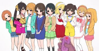 6+girls ^_^ absurdres akagi_miria animal_hood animal_print arms_behind_back averting_eyes bare_legs black_hair blonde_hair blue_dress blush brown_cardigan brown_hair buta_tsuzumi cardigan closed_eyes collarbone commentary_request controller crop_top denim denim_shorts dress feet_out_of_frame forehead frilled_dress frills half_updo hand_on_own_hip hands_in_pockets head_tilt highres holding holding_remote_control hood hood_up hooded_jacket ichihara_nina idolmaster idolmaster_cinderella_girls idolmaster_cinderella_girls_u149 jacket jacket_partially_removed koga_koharu leopard_print loli looking_at_viewer looking_down matoba_risa multiple_girls navel orange_hair overalls own_hands_together pantyhose pov pov_hands red_light remote_control ryuzaki_kaoru sakurai_momoka sasaki_chie short_hair shorts simple_background smile stomach striped_clothes striped_pantyhose tachibana_arisu thighhighs twintails two_side_up white_background white_thighhighs yellow_overalls yuuki_haru zettai_ryouiki