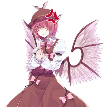 Rule 34 | 1girl, anger vein, animal ear piercing, animal ears, bird ears, bird wings, bow, bowtie, brown dress, brown hat, closed eyes, closed mouth, collared shirt, commentary request, cowboy shot, crote, dress, dress bow, earrings, feathered wings, frilled sleeves, frills, hand on own chest, hands up, hat, highres, jewelry, large variant set, long dress, long sleeves, mob cap, mystia lorelei, pinafore dress, pink bow, pink bowtie, pink hair, shirt, short hair, single earring, sleeveless, sleeveless dress, smile, solo, standing, tachi-e, touhou, transparent background, variant set, white shirt, wings