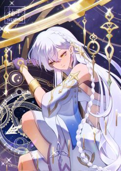 1girl artist_name bare_shoulders braid breasts colored_extremities dress floating floating_object genshin_impact hair_ornament halo hashtag-only_commentary highres istaroth_(genshin_impact) jewelry long_hair medium_breasts purple_hands sideboob solo upper_body white_dress white_hair yellow_eyes yuzufurii
