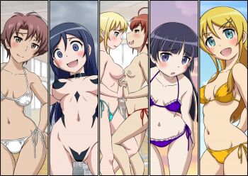 6+girls :d ahoge aragaki_ayase bad_id bad_pixiv_id bandaid bandaids_on_nipples bikini black_eyes black_hair blonde_hair blue_bikini blue_eyes blunt_bangs blush breasts breasts_apart bridget_evans brown_eyes brown_hair c-string classroom collar collarbone constricted_pupils covered_erect_nipples cowboy_shot crazy_eyes crazy_smile day eye_contact face-to-face facing_viewer fang frilled_bikini frills gokou_ruri green_bikini hair_ornament hairclip highres hime_cut holding_hands indoors interlocked_fingers kousaka_kirino kousaka_yoshino kurusu_kanako leg_between_thighs long_hair looking_at_another looking_at_viewer mature_female medium_breasts micro_bikini mole mole_under_eye multiple_girls navel open_mouth ore_no_imouto_ga_konna_ni_kawaii_wake_ga_nai outdoors pasties purple_bikini red_bikini red_hair sakaki_youma short_hair side-tie_bikini_bottom small_breasts smile smug split_screen standing stomach strapless_bottom string_bikini swimsuit thigh_gap topfreedom topless_female underboob white_bikini yellow_bikini