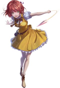 :d ankle_boots ankle_socks artist_name back_bow basket belt belt_buckle belt_pouch blue_gemstone boots bow breasts brown_belt brown_boots brown_bow buckle chain clarice_de_avril collar cross-laced_clothes cross-laced_dress dress frilled_collar frilled_dress frilled_sleeves frills full_body gem gold_chain green_eyes hair_between_eyes hair_ribbon holding holding_chain jewelry lace-up_boots leaning_forward leg_up loose_belt medium_breasts medium_dress medium_hair motion_blur narrow_waist nexon open_mouth pendant pinafore_dress pouch puffy_short_sleeves puffy_sleeves purple_ribbon ribbon second-party_source shirt short_sleeves signature simple_background skinny sleeveless sleeveless_dress smile socks tales_weaver teardrop-shaped_gem tinct tongue transparent_background weapon_request white_shirt white_socks yellow_bow