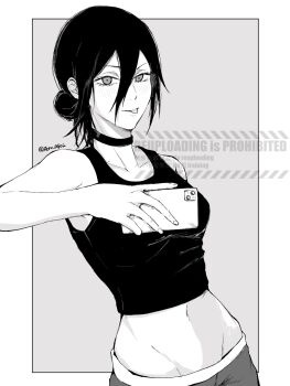 1girl breasts cellphone chainsaw_man choker closed_mouth commentary_request greyscale hair_between_eyes hair_bun highres holding holding_phone looking_at_viewer madaosw medium_breasts medium_hair monochrome navel phone reze_(chainsaw_man) selfie smartphone solo tank_top tongue tongue_out twitter_username