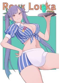 1girl alternate_costume apron asymmetrical_bangs blue_shirt blue_shorts blunt_ends breasts burger character_name closed_mouth drink food green_background gundam gundam_zz hand_on_own_hip hashtag-only_commentary highres holding holding_plate konishiki_(52siki) large_breasts long_hair looking_at_viewer navel parted_bangs plate puffy_short_sleeves puffy_sleeves purple_hair red_eyes roux_louka shirt short_sleeves shorts sidelocks smile solo standing twintails very_long_hair white_apron white_background