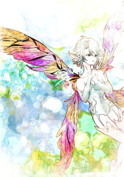 Rule 34 | 1other, an lad, bare shoulders, blue bridal gauntlets, blue eyes, blue leotard, bridal gauntlets, commentary request, copyright name, covered navel, fairy, fairy wings, final fantasy, final fantasy xiv, garter straps, grey hair, hands up, leotard, other focus, pixie (ff14), pointy ears, ruka (blueplus84), short hair, solo, thighhighs, wings